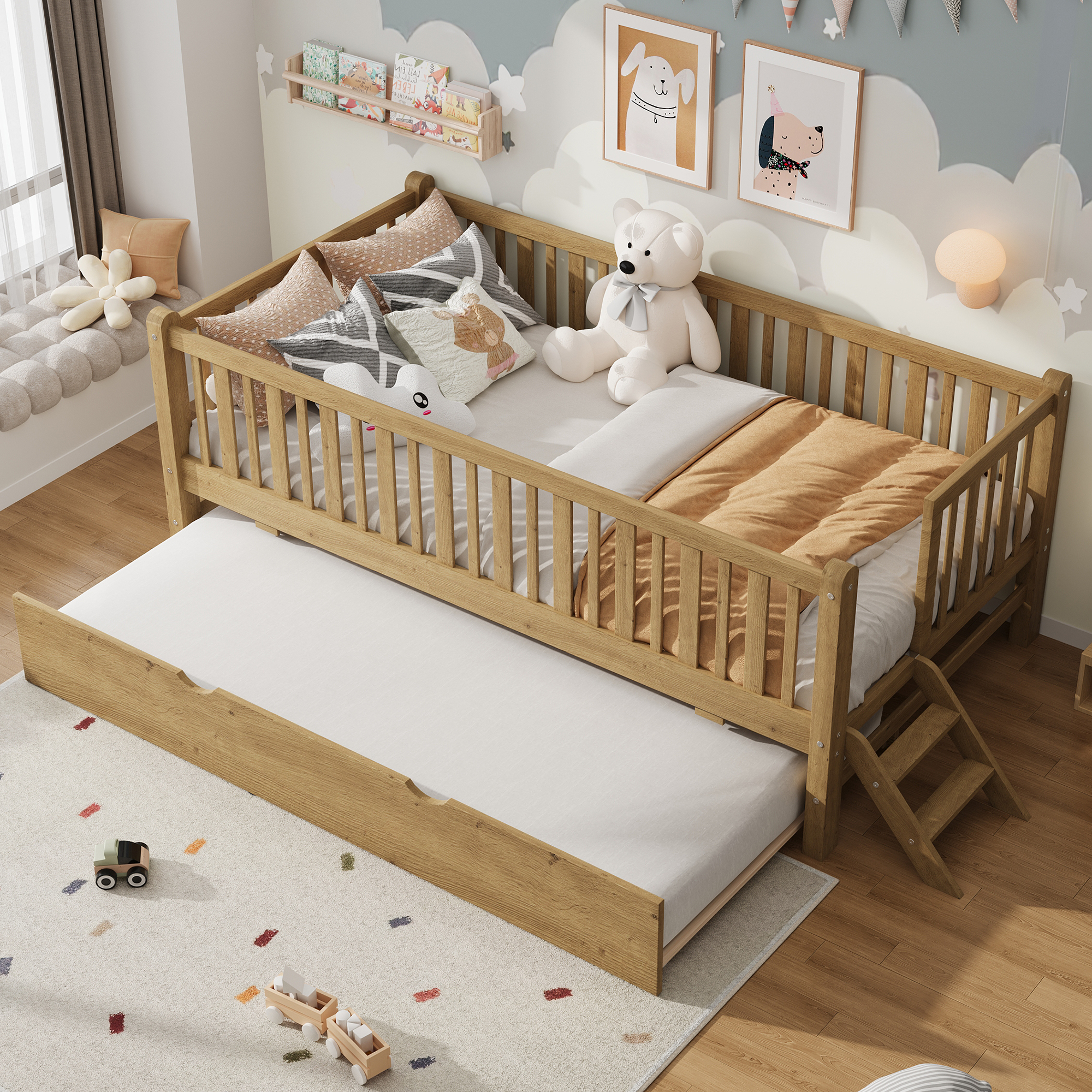 Euroco Wood Twin Size Platform Bed with Trundle, Guardrail Bed for Kids Teens Toddler, Walnut
