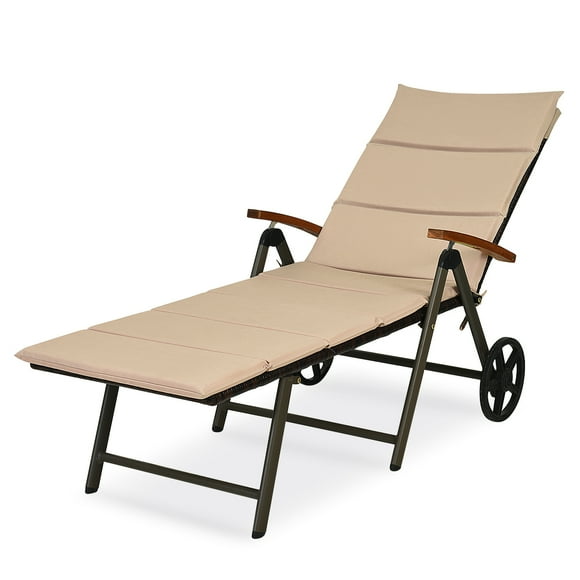 Topbuy Folding Outdoor Rattan Chaise Lounge Chair Cushioned Recliner with Wheels