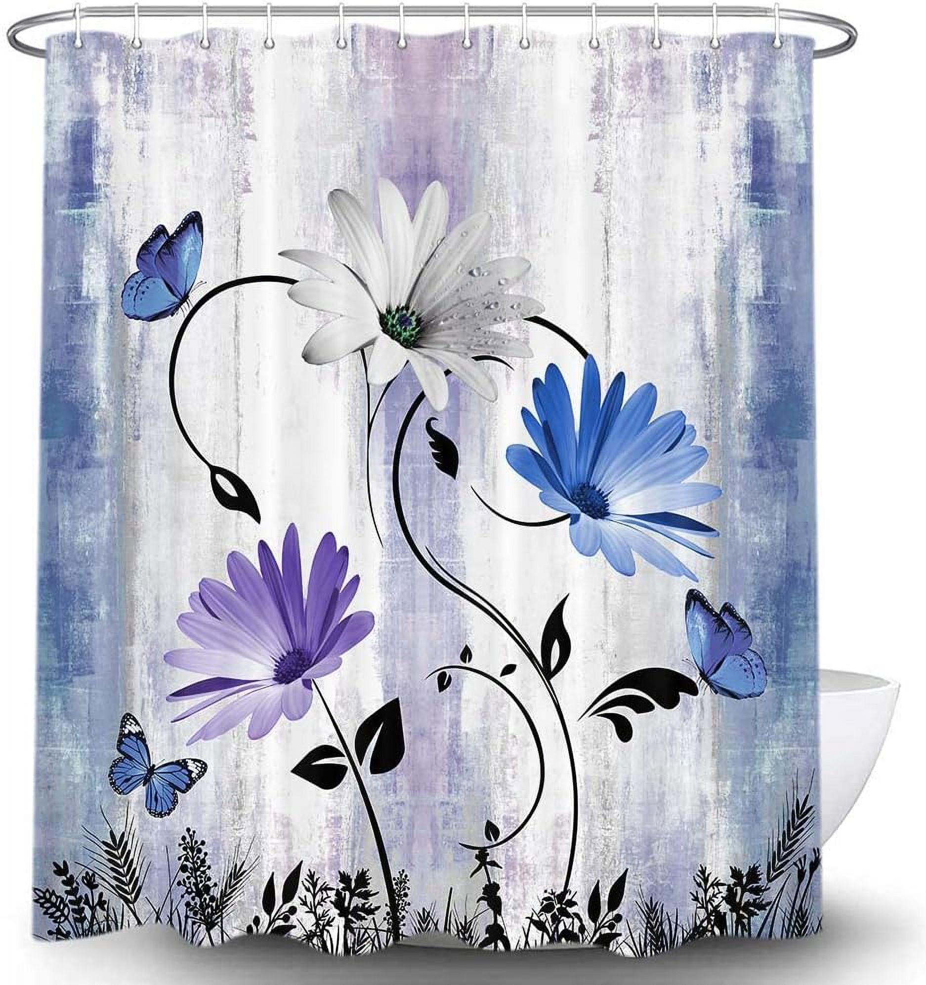 Rustic Farmhouse Shower Curtain for Bathroom, Farm Teal Daisy Floral Flowers and Butterfly on Country Wooden Bath Curtains, Turquoise Purple Blue Fabric Bathroom Decor Set with Hooks 36x72