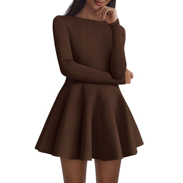 Vestido PRETTYGARDEN Mini Marrón de Manga Larga y Corte A