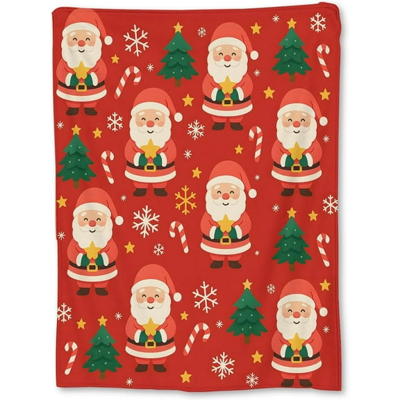 Santa Christmas Throw Blanket – Cute Santa Claus with Tree & Candy Cane Print – Cozy Holiday Home Decor Gift