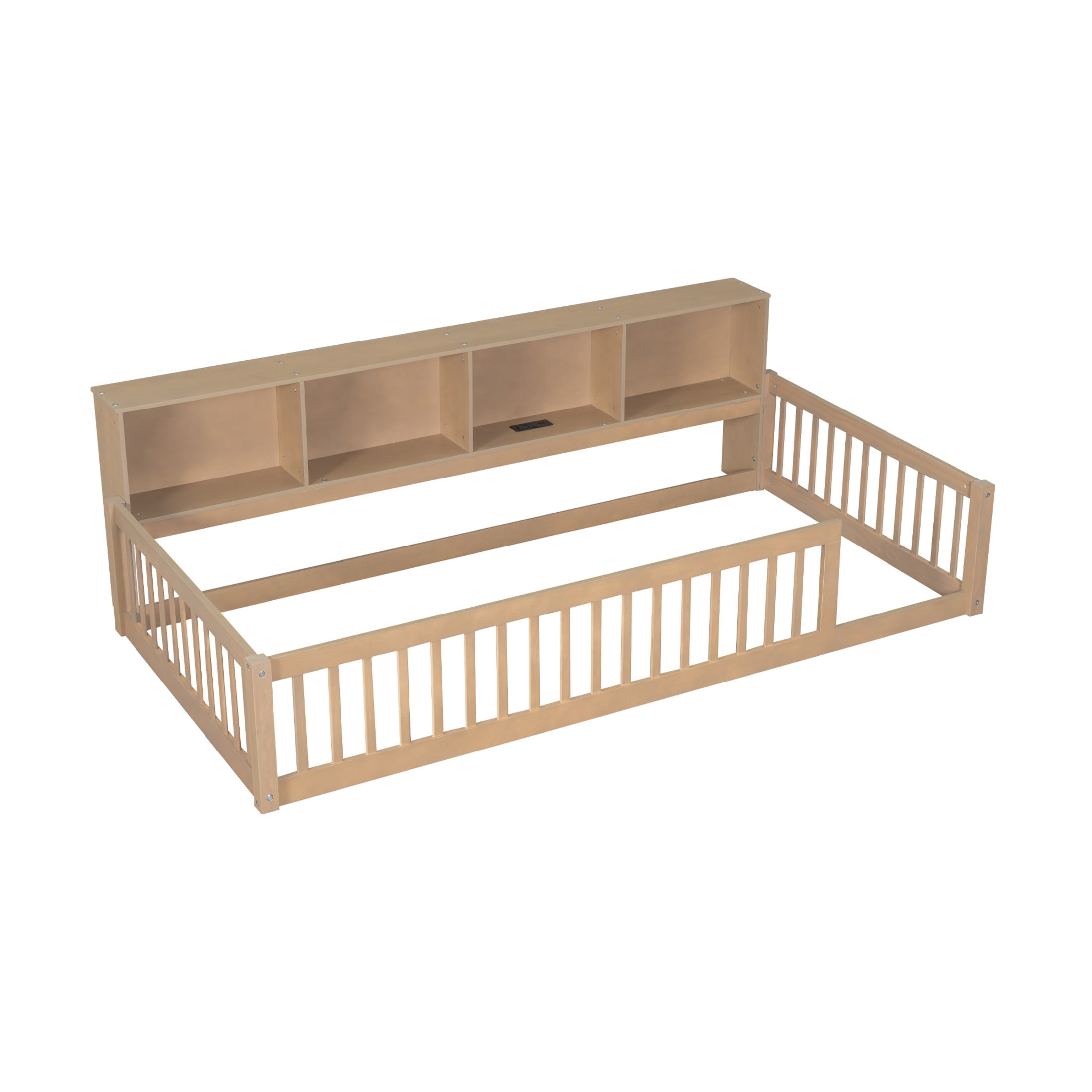 Noble House Twin XL Wood Floor Bed with Storage Cabinets and USB Charging Station, Space Saving Design, Brown