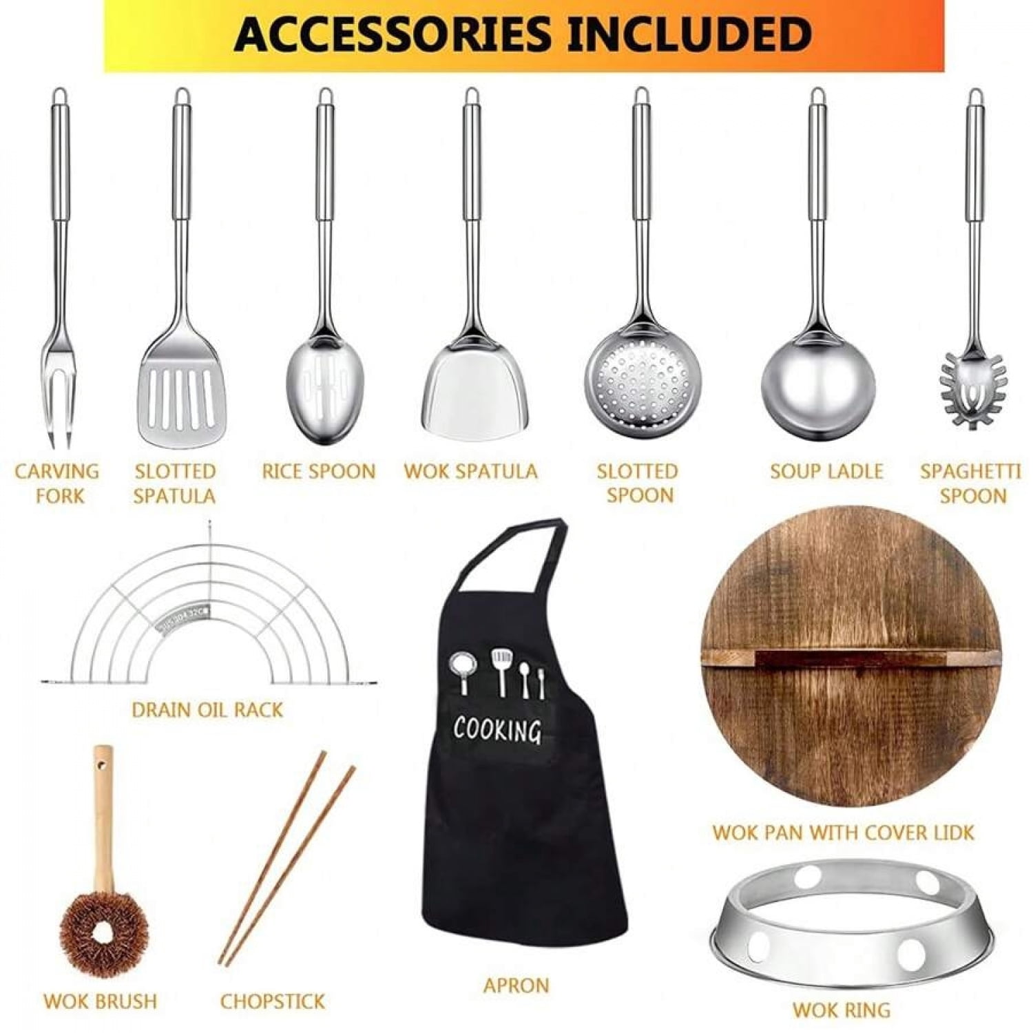 NTGFU 12.6'' Carbon Steel Wok Pan, 14 Piece Stir Frying Pans Set with Wooden Lid & Cookwares, No Chemical Coated Flat Bottom Chinese Woks for Induction