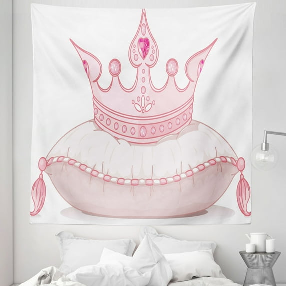 Girls Tapestry, Cartoon Style Pink Cartoon Crown on Pillow Tail Fantasy Girlish Fashion, Fabric Wall Hanging Decor for Bedroom Living Room Dorm, 5 Sizes, Pale Pink, by Ambesonne