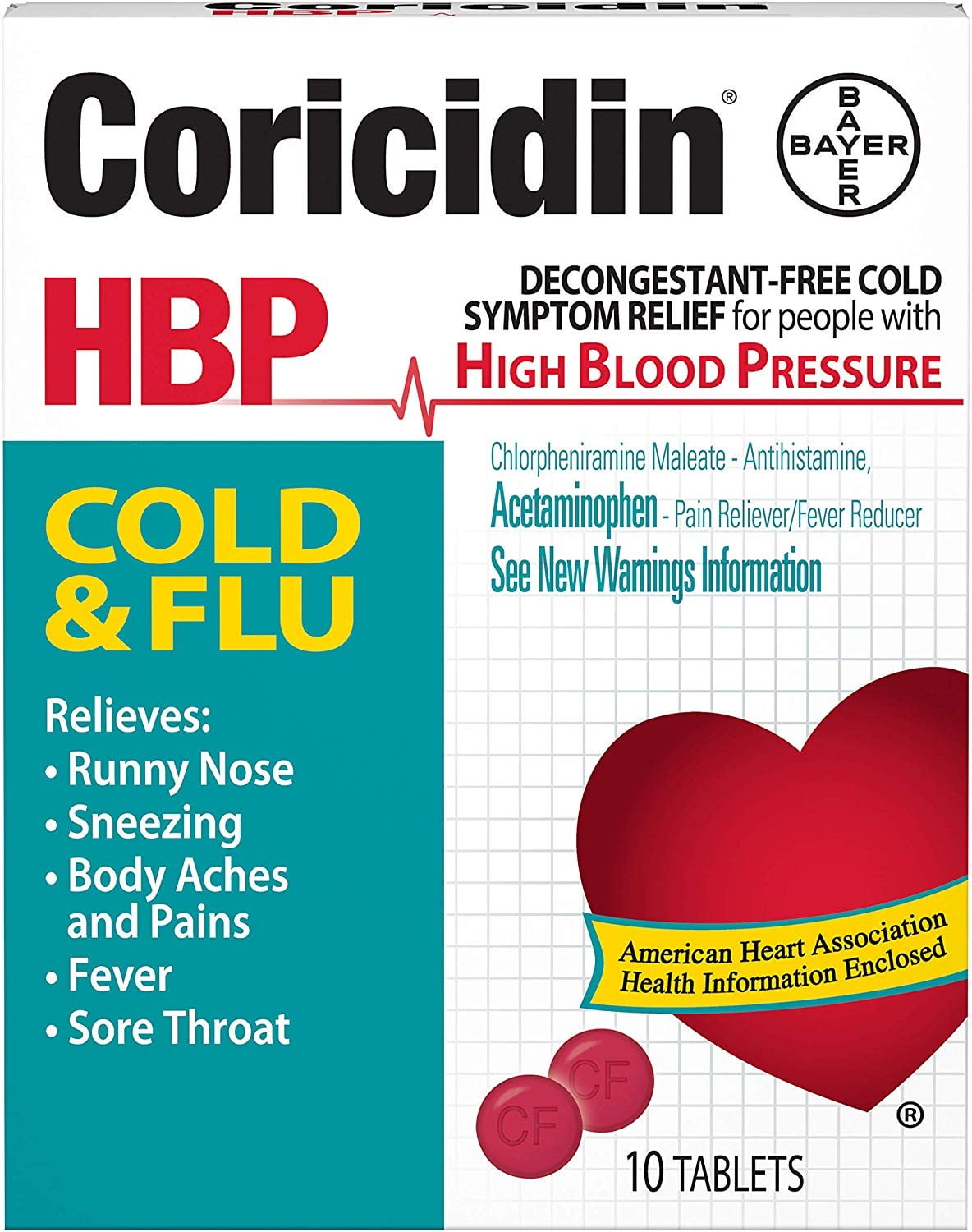 Coricidin HBP Cold & Flu Tablets, 10 ea (Pack of 2)
