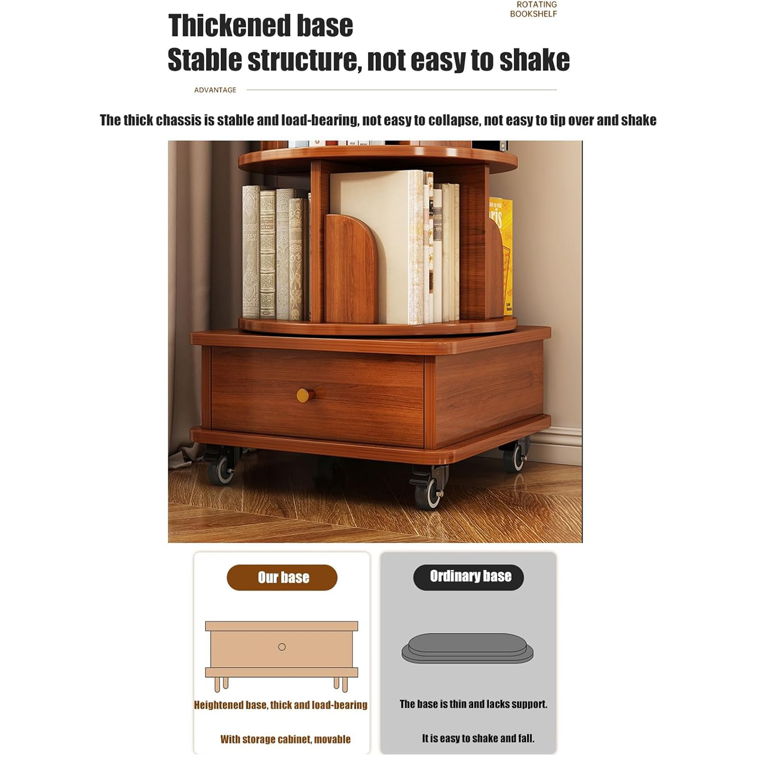 Rotating Bookshelf, 360° Display Corner Bookshelf for Small Space, 5 Tier Bookcase Storage Rack with Wheels, Wood Narrow Organizer for Bedroom, Living Room, Office