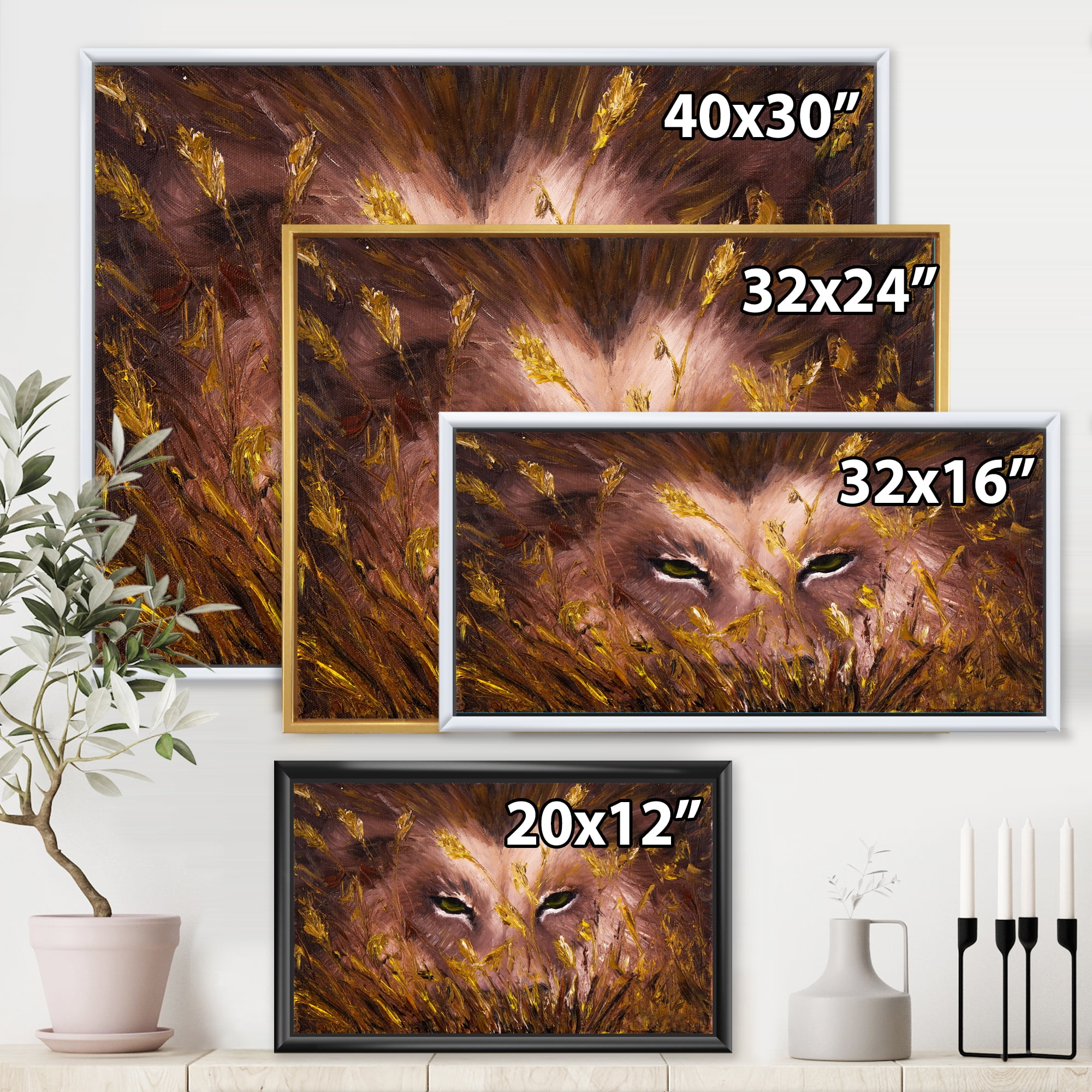 Close Up Of Wolf Eyes In The Grass 40 in x 30 in Framed Painting Canvas Art Print, by Designart