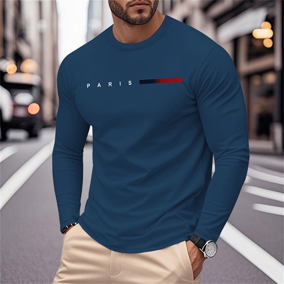 Rggeeun Men'S T-Shirts Solid Color Letter Print Long Sleeve Crew Neck Knit Slim Fit Lightweight for Summer Training Relaxed Tee,Navy,M