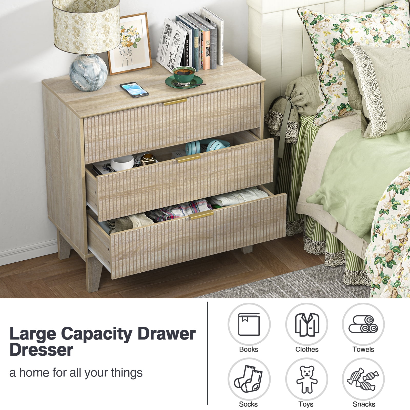 Eumyviv 3 Drawer Dresser Chest of Drawers for Bedroom,  Mid Century Modern Wood Oak Closet Storage Dresser Suitable for Living Room, Nursery, and Hallway
