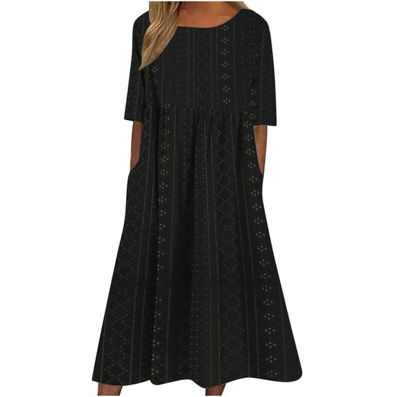 UsYezik Dresses for Women 2025 Casual Summer Eyelet Embroidery Sundress Pockets Smocked Midi Tunic Dresses Short Sleeve Pleated A-line Flowy Casual Dress Black S
