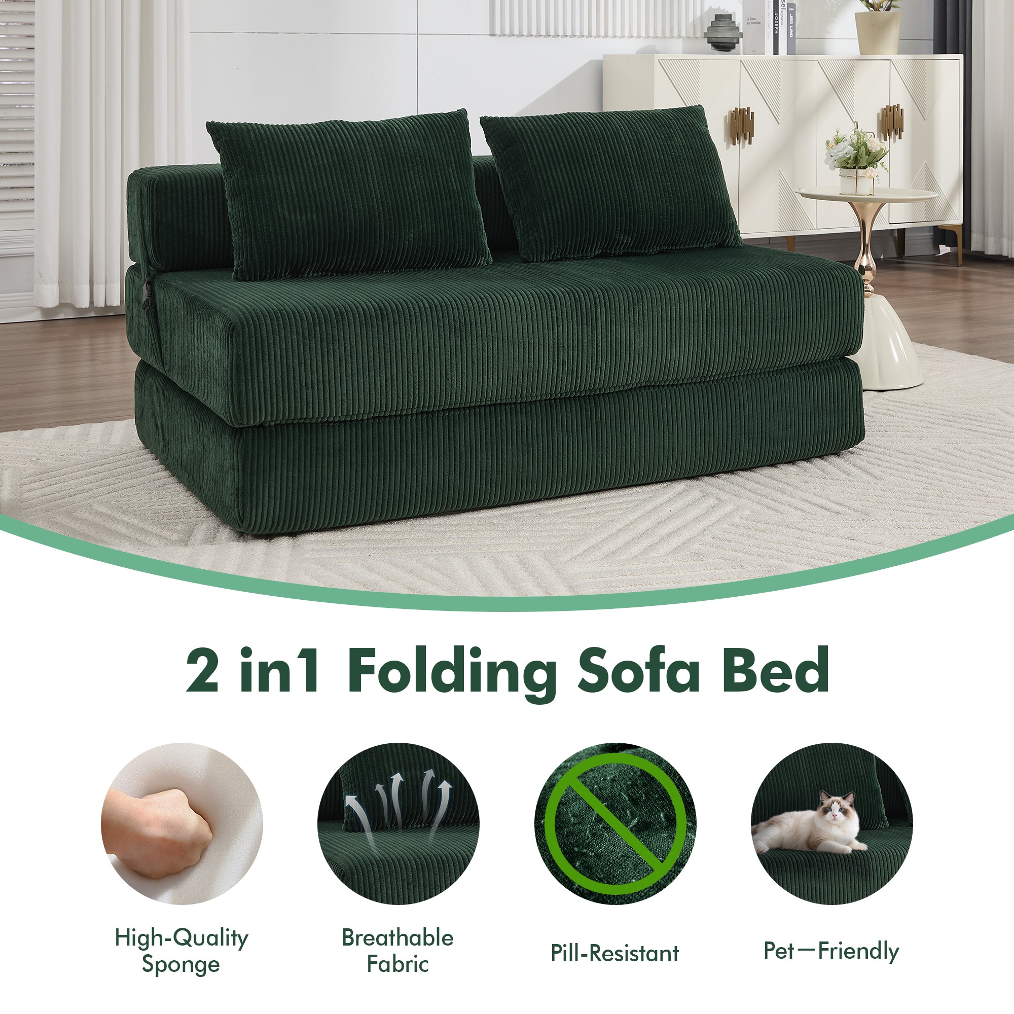 Aukfa Full Size Folding Sofa Bed, Loveseat Sleeper, Corduroy Convertible Floor Couch Mattress for Living Room, Dorm, Guest Room, Green