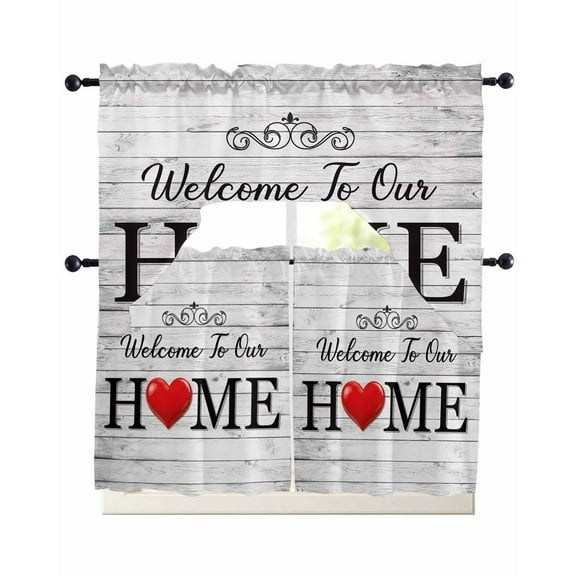 White Wood Grain Kitchen Curtains Sets 24 Inch Length with Valance, Red Heart Vintage Farmhouse Country Swag Valances and Tiers Curtain Set Drapes Swag Curtains for Living Room, Bathroom, Bedroom