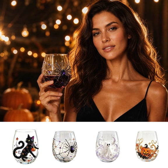 Halloween Ghost Stemless Wine Glass with 2D Flat Decorative Design, White Ghost, Stars and Purple Swirl Tumbler for Spooky Drinkware, Party Tables and Seasonal Home Decor, A