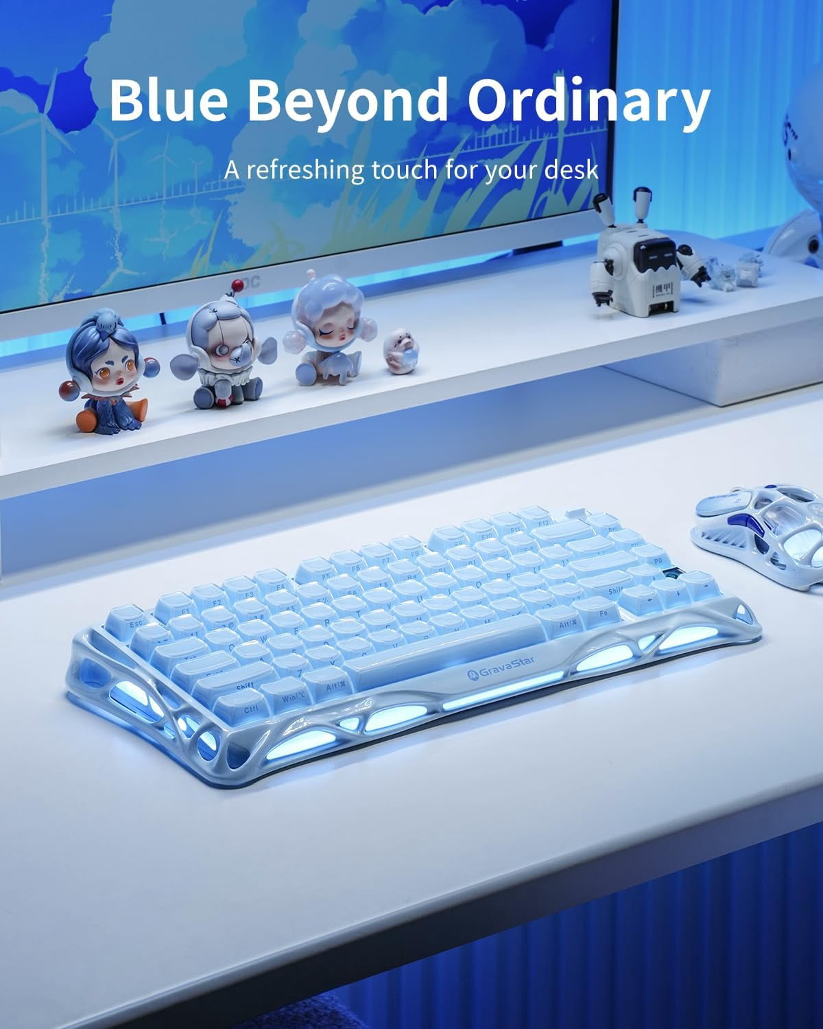 GravaStar Mercury K1 75% Wireless Mechanical Keyboard, Gasket Mount, 8000mAh Battery, Kailh Cherry Pink Linear Switches, RGB Lighting - Ice Blue
