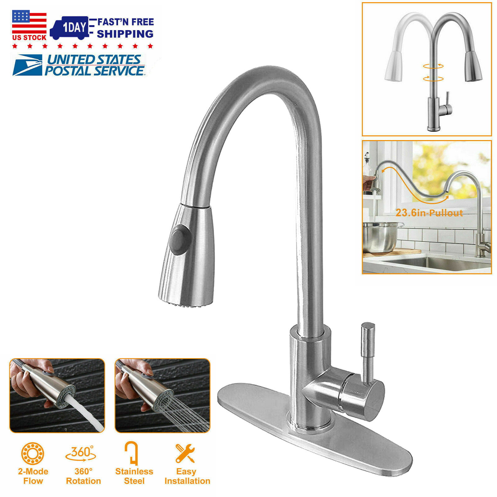 Details about  / Home Kitchen Brushed Nickel Sink Faucet Pull Out Sprayer Faucet Swivel Mixer Tap
