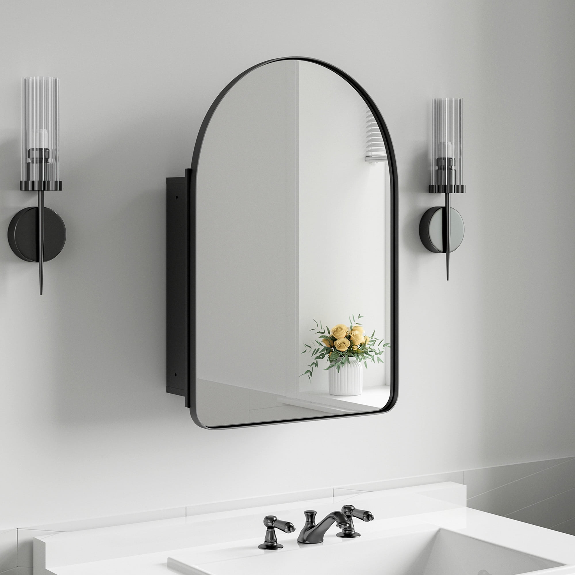 MAYEERTY 24"x16" Iron Arched Bathroom Mirror Cabinet, Black