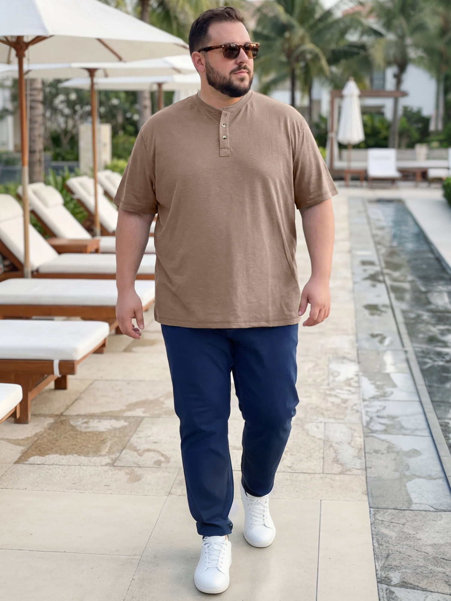 DARING DIVA Men's Big Tall Henley Shirts Button Down Short Sleeve T-Shirt 5XL Light Brown