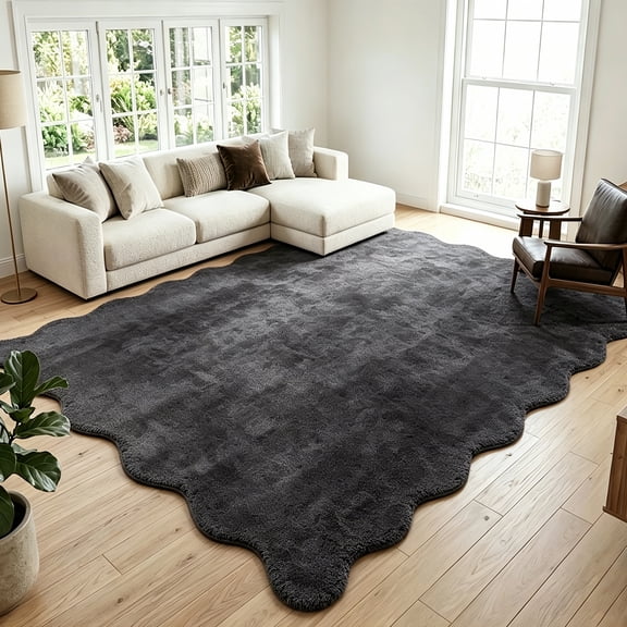 ZACOO 8'x10' Solid Plush Long Pile Machine Washable Area Rug, Scalloped Edge Non Slip Ultra-Soft Carpet for Bedroom Game Room Living Room, Dark Gray