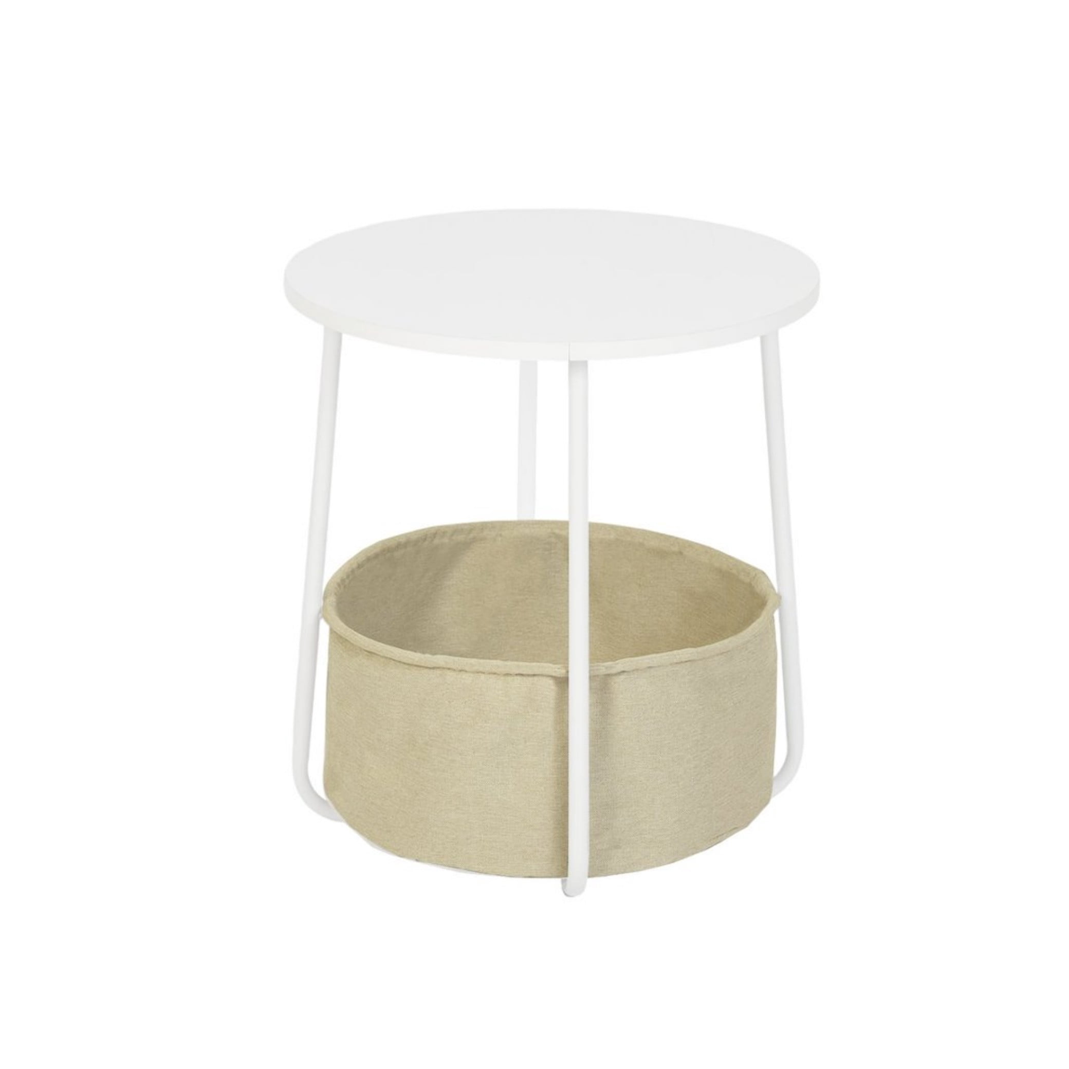 BSHTI 18" Round Coffee Table with Fabric Storage Basket – Space-Saving End Table for Living Room, Bedside Nightstand, Matte White & Beige