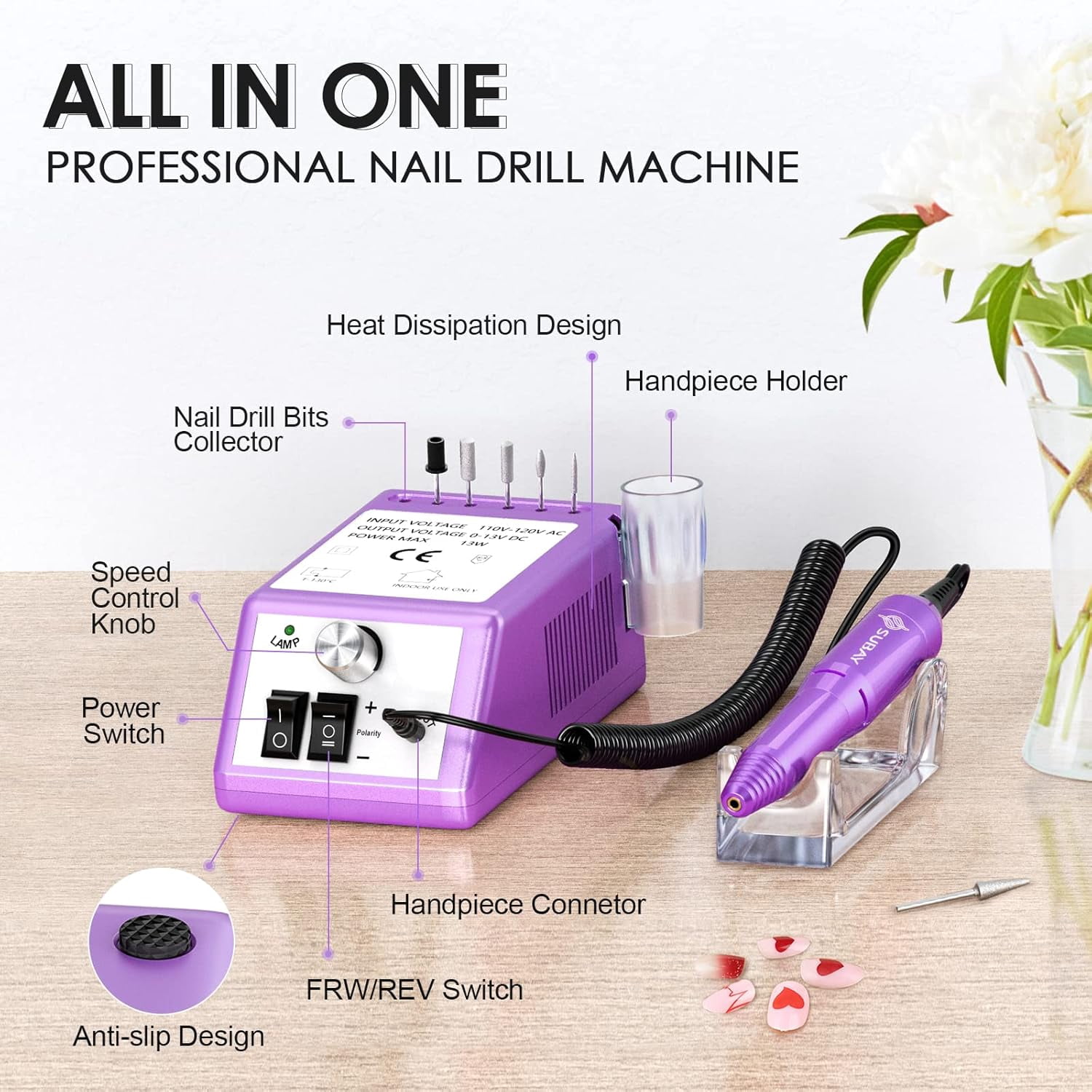 Electric Nail Drill Machine for Manicure Pedicure - 20000RPM Professional Nail File Kit with 1 Pack Sanding Bands - Low Noise Efile for Acrylic Nails - Home Salon Use