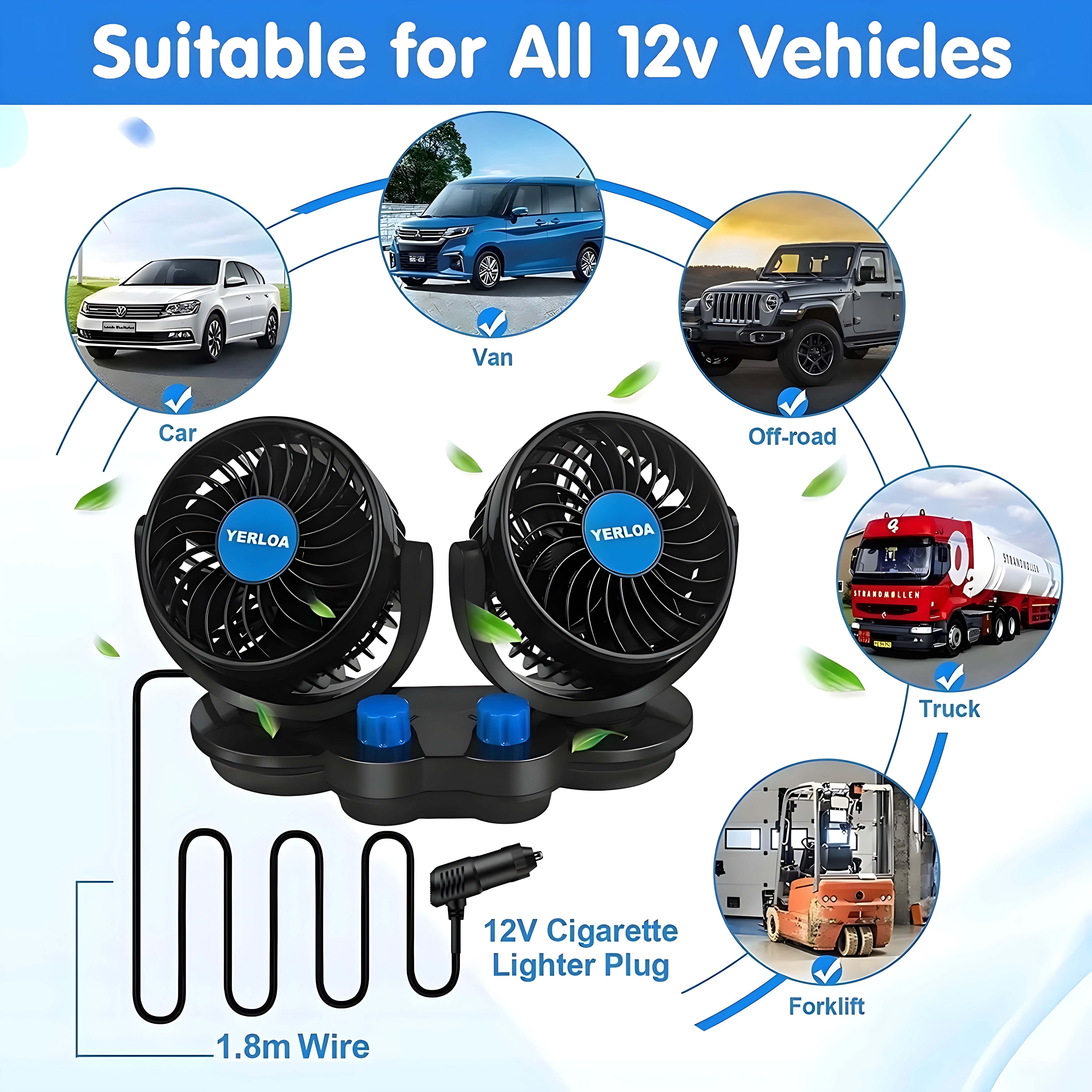 Yerloa Car Fan, 12 Volt Fans for Vehicles, 360 Degree Rotatable Car Fan Cooling Air Fan, Quiet Strong Dashboard Car Fans for Cooling Inside Car, Electric 2 Speed Dual Head Fan for SUV, RV, Vehicles