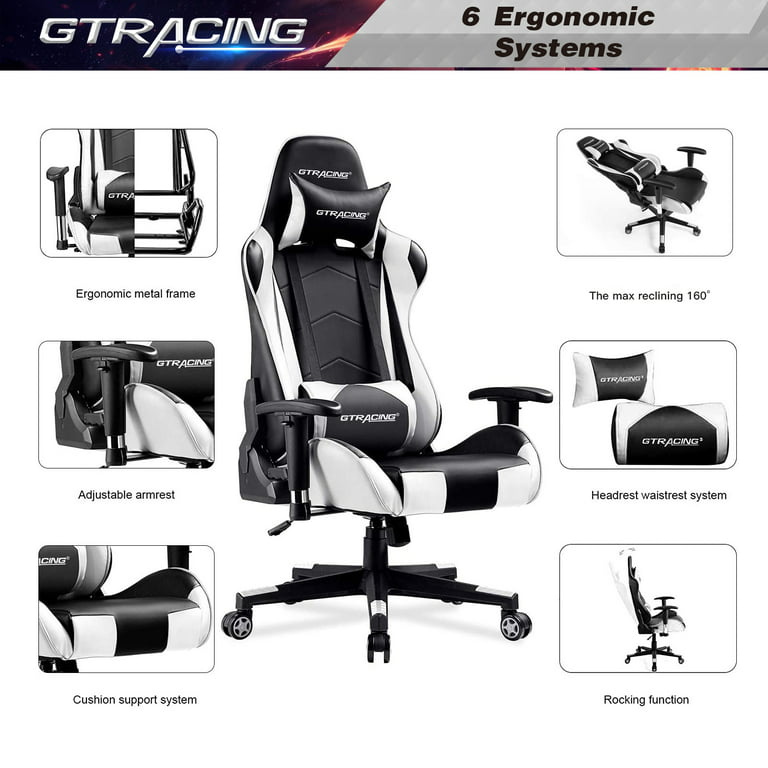 GTRACING Gaming Chair with Footrest and Ergonomic Lumbar Massage Pillow  Fabric Office Chair, Darkgray&White