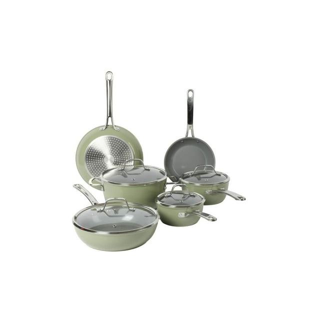 Sur La Table Gourmet Cuisine 10 piece green aluminum cookware set with glass lids including frying pans and saucepans