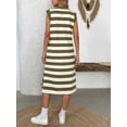 thumbnail image 2 of Womens Striped Summer A Line Dress Casual Cap Sleeve Lapel Neck T Shirt Dresses with Pockets  Green L, 2 of 7
