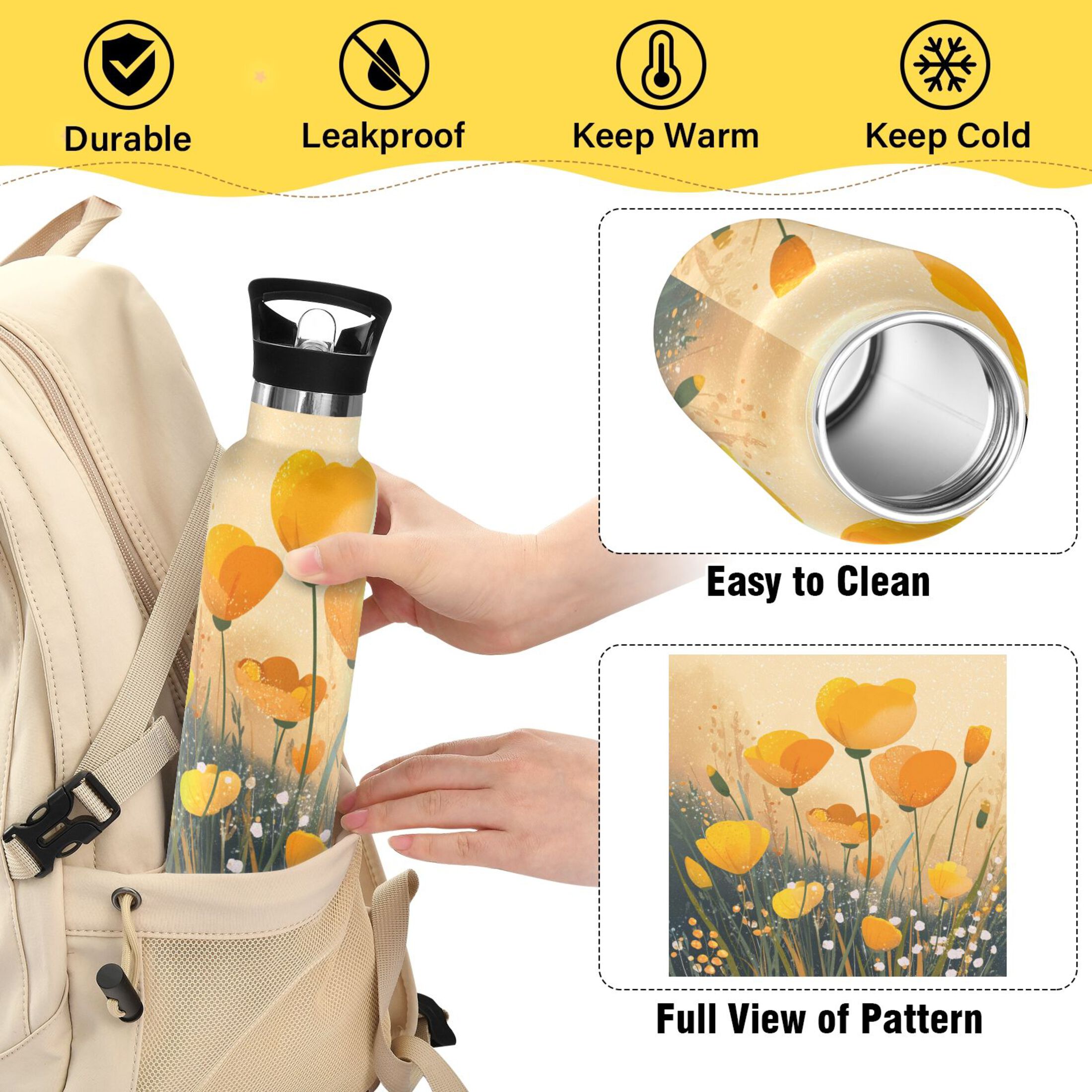 Kids Insulated Stainless Steel Sports Water Bottle 600ml (20oz) Yellow Flowers on The Grass