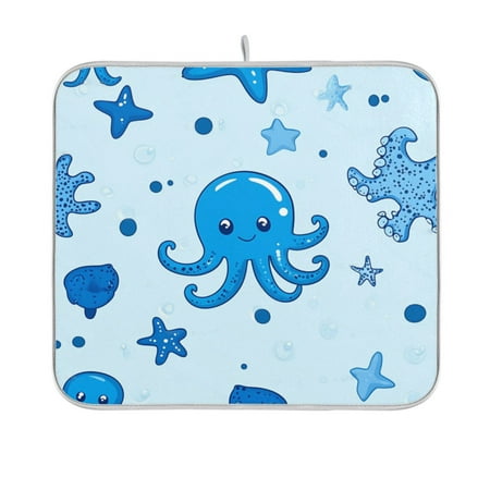 

Blue Cute Sea Creatures Dish Drying Mat Kitchen Mats Microfiber Counter Absorbent Dish Pad Drainer Rack