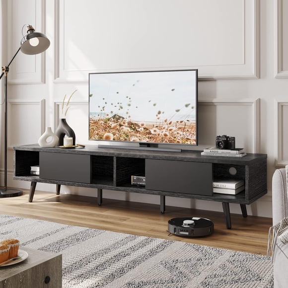 Pinmoco centro de entretenimiento para TV de 75 pulgadas mueble bajo con almacenamiento y gestión de cables, color ceniza negro