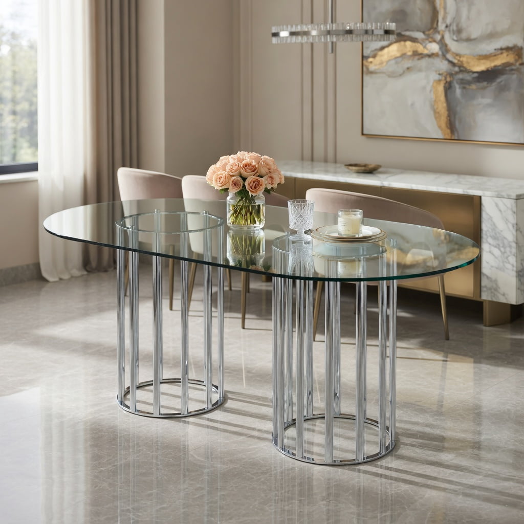 Hommoo 71 Inch Oval Tempered Glass Dining Table with Silver Double Column Base, Light Luxury Modern Design for 6-8 People, Scratch-Resistant & Easy-Clean Glass Top, Silver