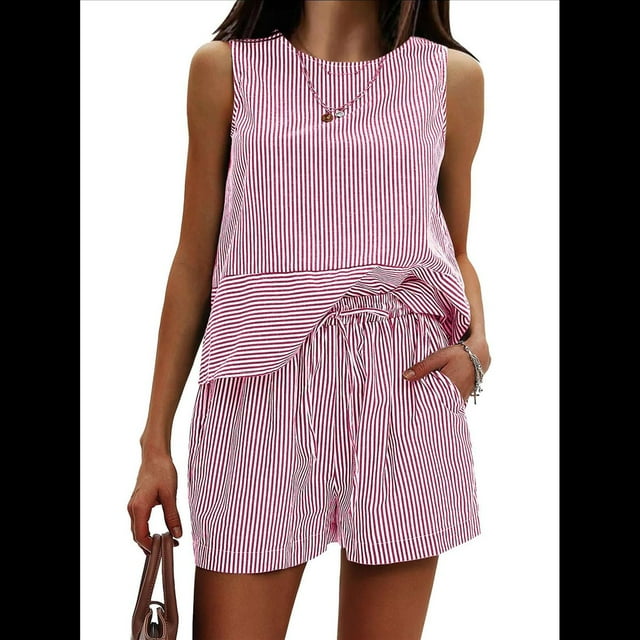 Conjunto de Dos Piezas de Verano para Mujer: Camiseta Sin Mangas y Pantalones Cortos A Juego, Chándal de Algodón A Rayas, Rayas Rojas, Talla XXL