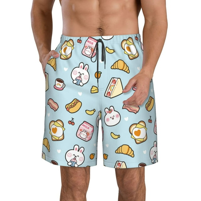 Naloa Rabbit Burger Coffee Print Men's Beach Shorts, Surfing shorts, Swim trunks, Quick Dry Swim Trunks for Surfing Beach Fun-Medium