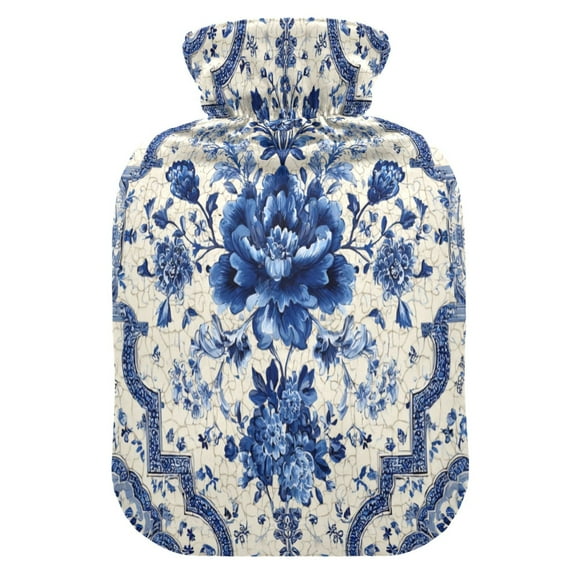 2L Hot Water Bottle with Soft Velvet Cover PVC Hot Water Bag for Pain Relief Long-Lasting Warmth Blue and White Porcelain-style