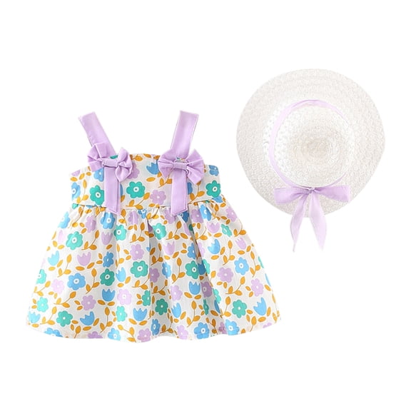 Odeerbi Toddler Girl Summer Beach Dress with Sun Hat Baby Bow Flower Print Suspender Dress Hat Suit Purple