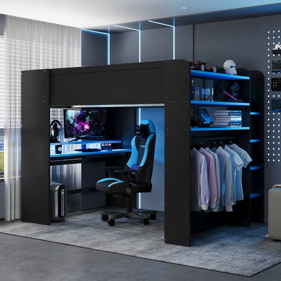 Full Size Wood Bunk Bed with height-adjustable Desk, Wardrobe, Ample Storage Space, and RGB Light, Blue