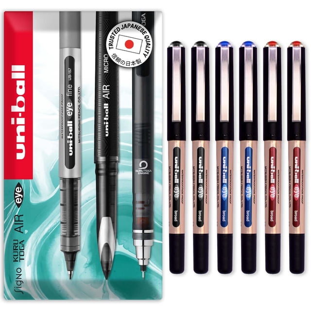 uni-ball Eye UB-150-10 1.0mm Liquid Ink Rollerball Pen - Black, Blue, Red (Pack of 6)