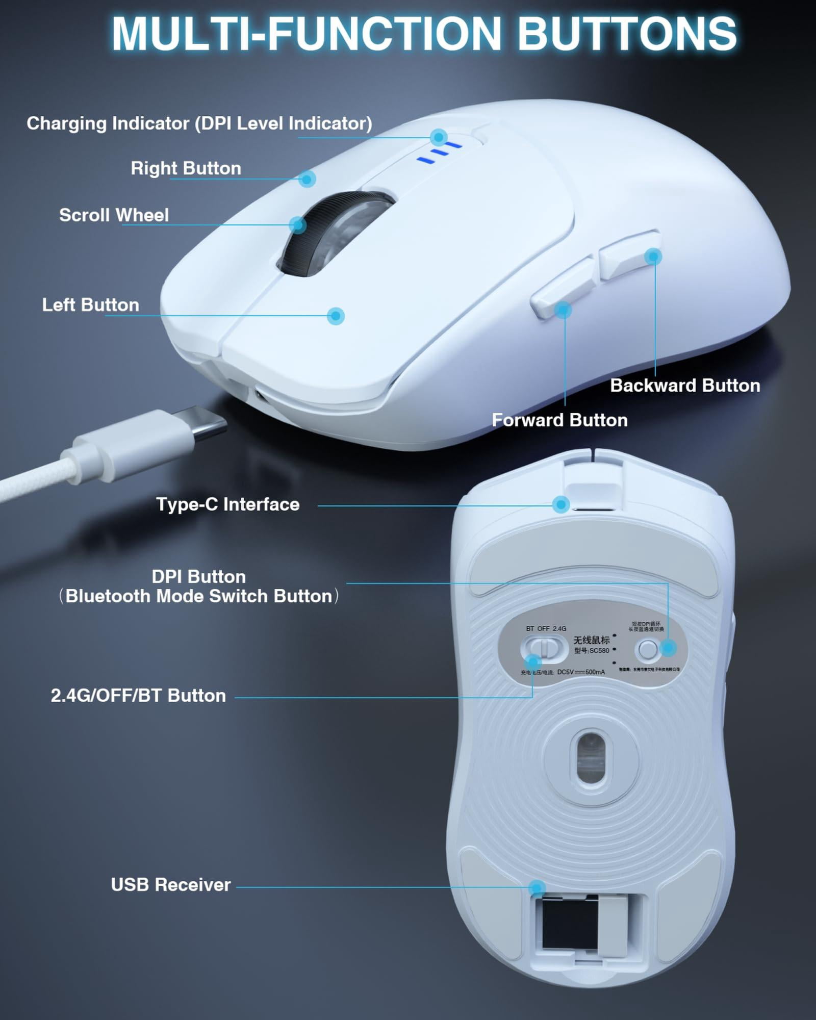 Sc580 Wireless Gaming Mouse  Tri-mode 2.4g/bt5.0/usb-c 12000 Dpi Rechargeable With 6 Buttons Computer For Laptop/pc/mac/tablet