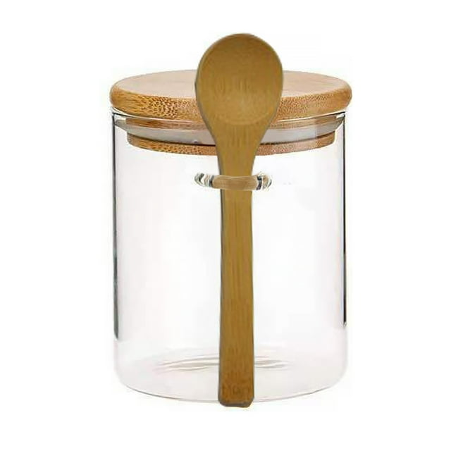 Glass Jar Wood Spoon Transparent Washable 450ml Silicone Ring Sealed Bottle Kitchen Restaurant Rice Organizing Container