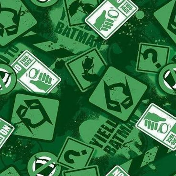 Batman Battle Over Gotham Yield Signs Green 100% Cotton Sold by The Yard