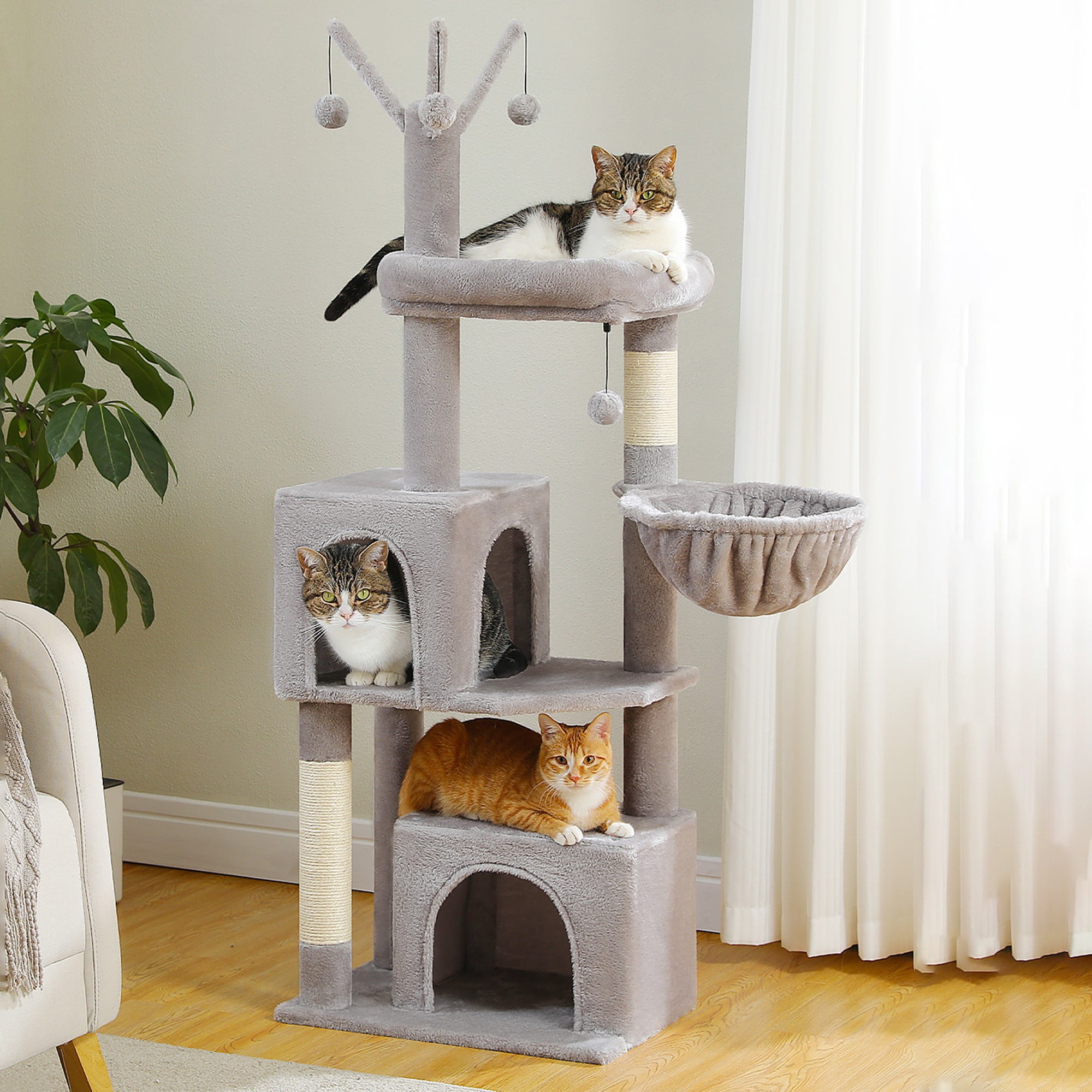 Kadyn 53" Cat Tree Tower for Small Cats with 2 Cat Condos, Hammock and 3 Removable Pompom Sticks, Cat Tree House with Scratching Posts, Gray