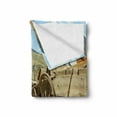 thumbnail image 2 of Barn Wood Wagon Wheel Soft Flannel Fleece Blanket, Line of Antique Carriages in Rural Village Farm and Hills, Cozy Plush for Indoor and Outdoor Use, 50" x 70", Green Brown Pale Blue, by Ambesonne, 2 of 6