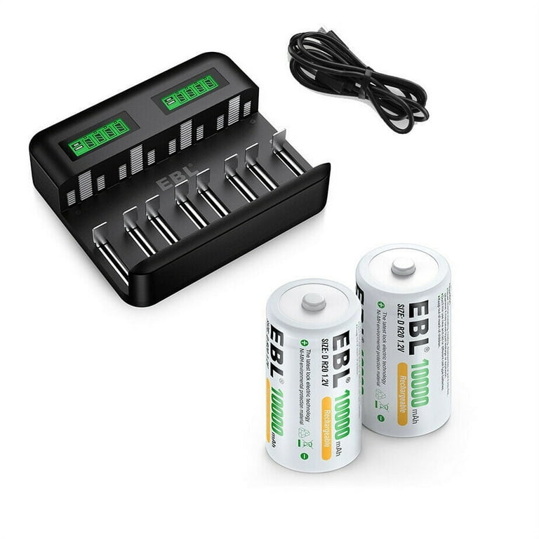 EBL Rechargeable D Batteries 10000mAh 2 Pack EBL 8 Bay LCD Battery Charger for Ni MH C D AA AAA Batteries