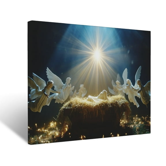 CozyNet Glowing Star Of Bethlehem Shining Over The Manger, Surrounded By Angelic Presence Wall Art Prints With Frame Canvas Perfect for Living Room & Bedroom, Ready to Hang, Wall Decor 12"x16"