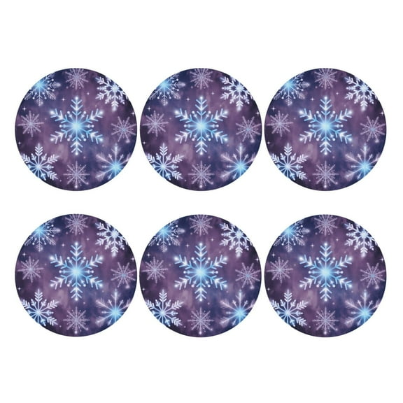 Purple Christmas Snowflake Set of 6 Faux Leather 4 Inch Coasters Drinks Tabletop Home Dinning Round Shape