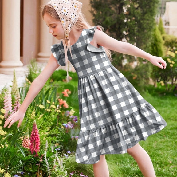 ATOGUTA Princess Dresses for Girls Summer Ruffle Sleeve A Line Casual Party Dresses for Kids Size 5T-14, Gray