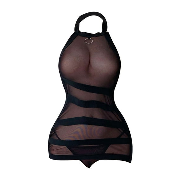 TSADFHJI Sexy Christmas Lingerie for Women Plus Size Blue Ladies Sexy Vest Pajamas Hanging Neck Sm Bare Silk Stockings Sexy Underwear Suit One Size Black