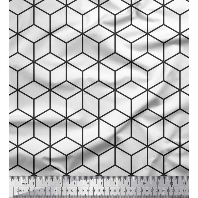 Soimoi White Poly Georgette Fabric Maze Cube Geometric Print Sewing Fabric Yard 52 Inch Wide