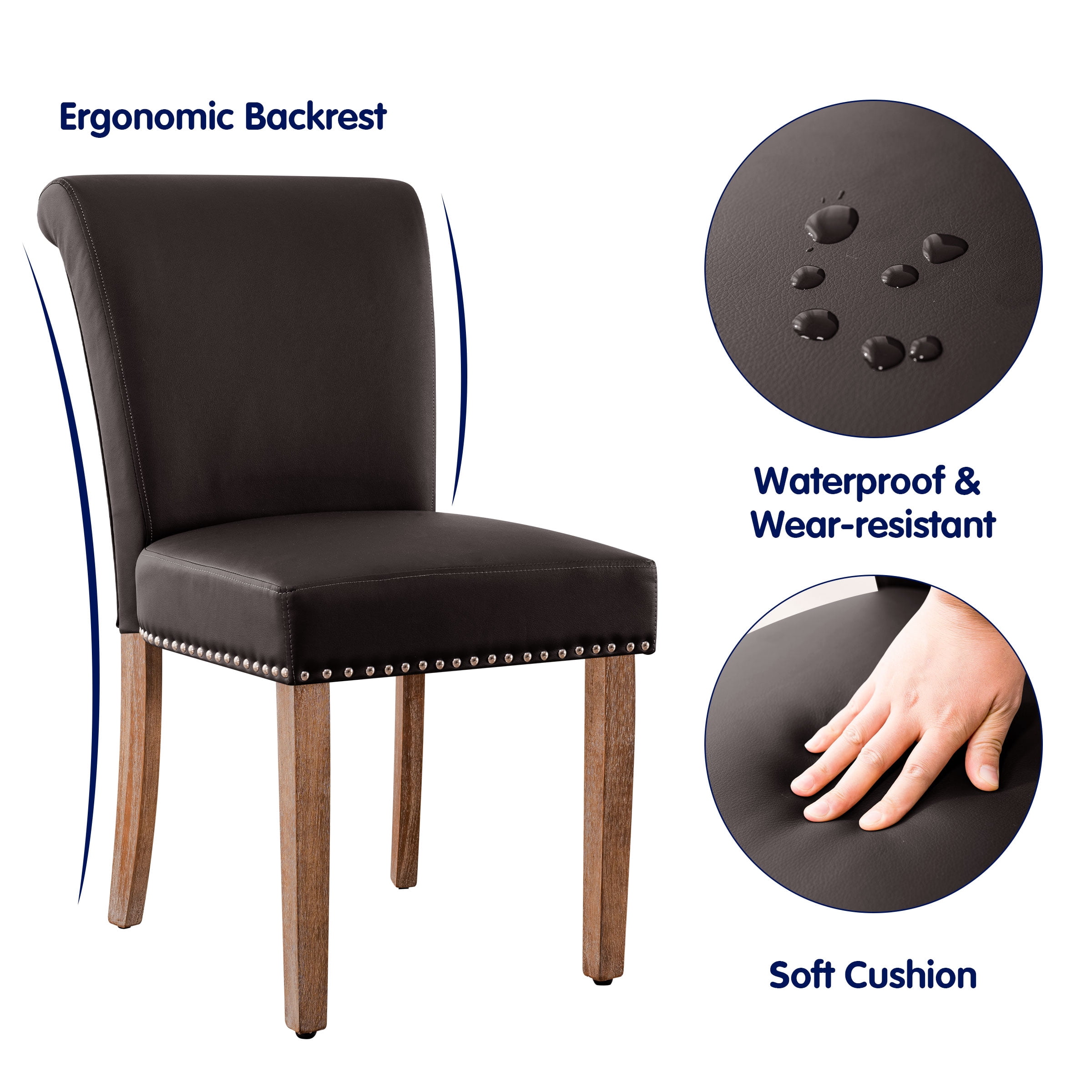 Subrtex Leather Upholstered Dining Chair with Nailheads and Solid Wood Legs, Set of 2, Brown